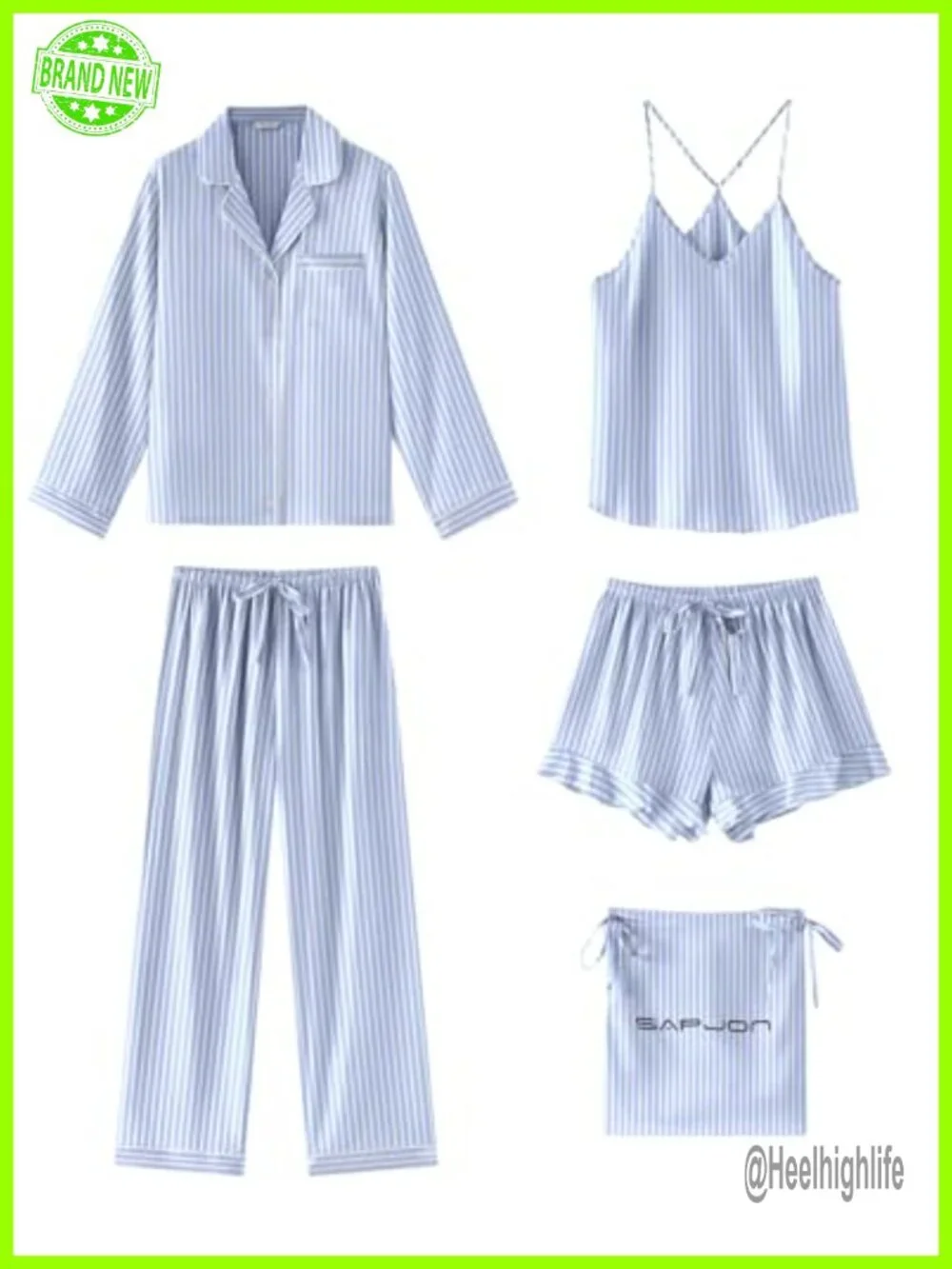 5PCS Satin Silk Pajama Set - Button Down Top, Pants, Cami & Ruffle Shorts